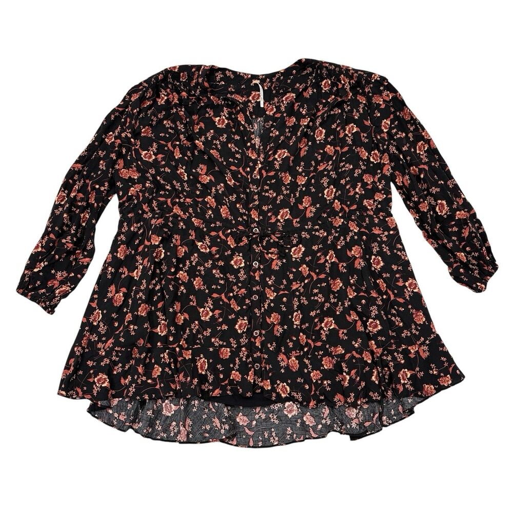 Free People Flower Fields Mini Dress Size Small Black Red Floral Flowy Buttons